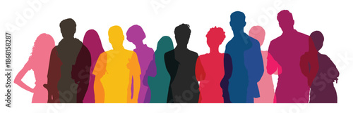 Diverse Group of People Silhouette Collage: Vector Illustration of Young Adults in Vibrant Colors.