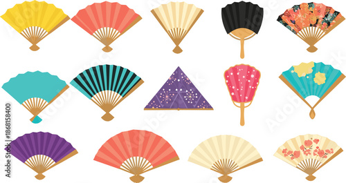 Traditional Japanese Folding and Hand Fans Vector Illustration Set Featuring Colorful Patterns Floral Designs and Oriental Paper Fan Icon Collection