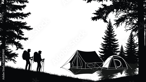 Camping adventure silhouette vector illustration, hikers with backpacks near forest campsite tents, outdoor travel nature scene isolated on white background