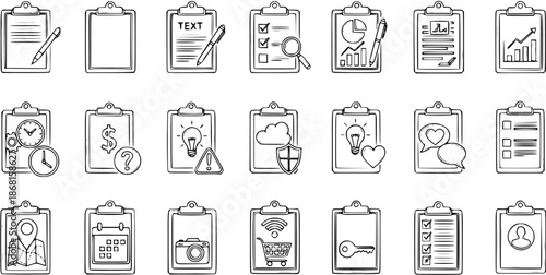 Clipboard Icons Set: Hand-Drawn Sketch Style Vector Illustrations