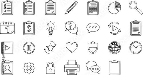 Hand-drawn doodle business, office, communication, and multimedia icon set on white background vector