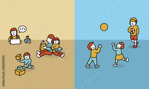 インドアとアウトドアの遊び方をする子供のイラスト