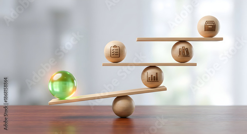 green glowing sphere and wooden balls with business icons balancing on a multi level seesaw scale representing data management project optimization and financial stability