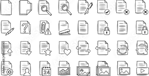 Document Icons: File Management, Security, and Workflow Symbols in Sketch Style