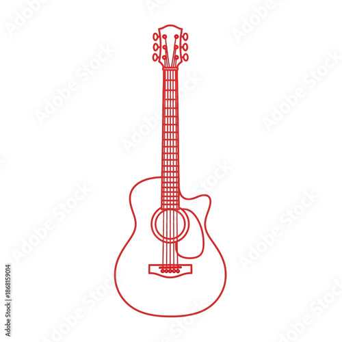 Acoustic Guitar Outline, Red Line Drawing, Musical Instrument, Isolated White Background