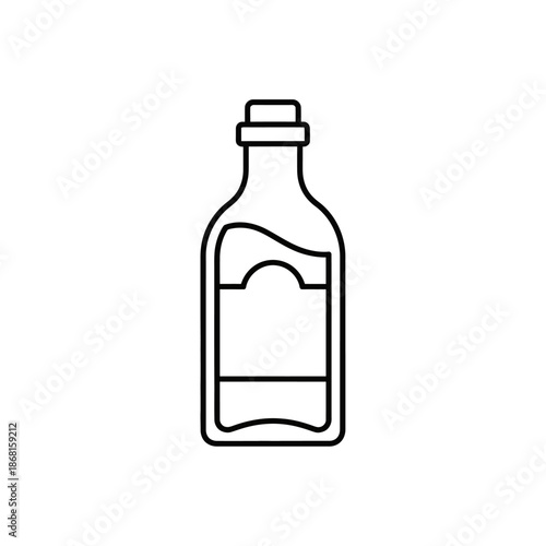 Simple line art icon of a glass bottle with liquid and label, isolated on white.