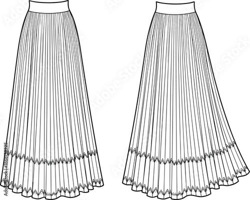 Women Long Pleated Maxi Skirt Fashion Technical Drawing Set Front and Back View CAD Template Flat Vector Illustration for Apparel Design