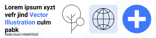 Healthcare, global communication, medical services, environmental protection, technology use, digital health. Minimalist icons display a plus sign, globe and tree outline. Medical services