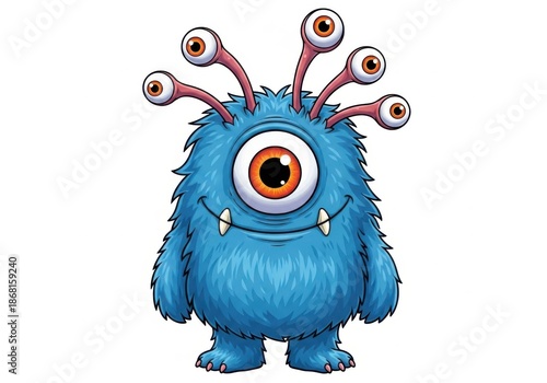 Cute blue monster with multiple eyes and tentacles standing isolated on white background