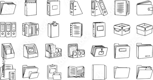 Black and White Sketch Set of Office Files and Folders: Document Management, Organization, and Paperwork