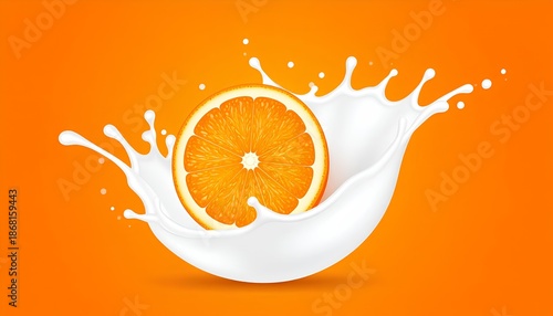 vector illustration of milk splash with orange slice on orange background.