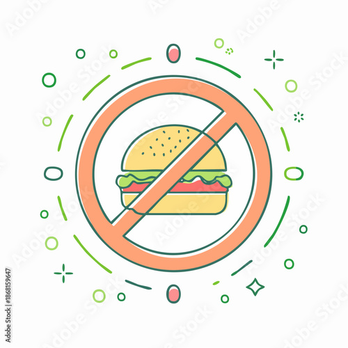 Flat illustration of a hamburger inside a prohibition sign with green and orange lines and shapes on a white background.