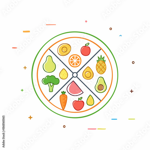 A colorful illustration of a divided plate filled with various fruits and vegetables on a white background with playful multicolored geometric shapes.