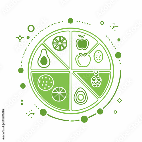 Infographic illustration of a pie chart divided into six sections showcasing various fruits on a white background with green accents and decorative elements.