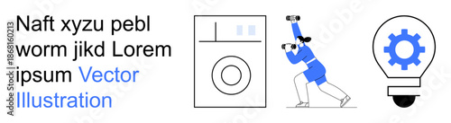 Technology, innovation, daily life, automation, modern motion, energy. Washing machine, person in active pose light bulb with gear icon. Technology and automation concept