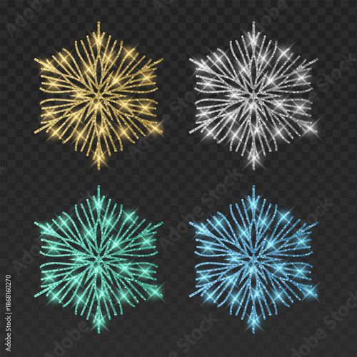 Set of four elegant vector snowflakes in gold, blue, silver, and mint green colors. Each intricate filigree crystal features a shimmering glitter texture, brilliant light flares, and magical glowing