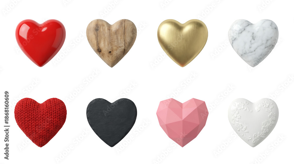 Fototapeta premium Heart shape collection including glossy plastic, wood, gold, marble, knitted yarn, slate, low poly, and ceramic textures. Romantic symbols and decor elements.
