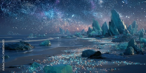 Celestial Symphony: A breathtaking view of celestial bodies shining over a landscape of glaciers, creating a mystical and awe-inspiring environment.