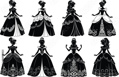 Elegant princess silhouette collection vector illustration, royal women in decorative gowns, fairy tale characters set, black female figures isolated on white background