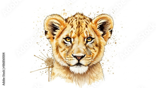 Close-up of a majestic lioness with golden eyes and paint splatters