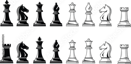 Chess pieces illustration, black and white chess set, king queen rook bishop knight icons, vector style, strategy game concept