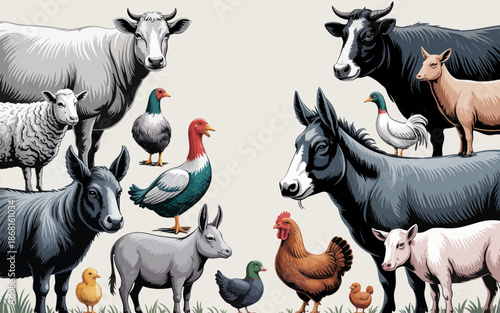Farm animals collection featuring various livestock and poultry.