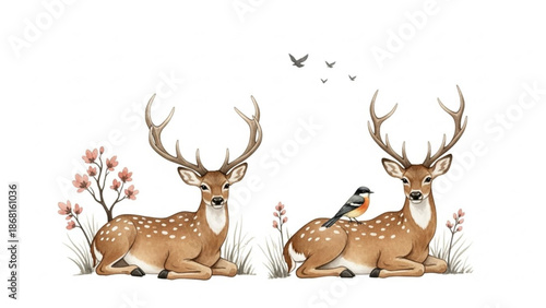 Two deer with white spots lie down in grass with flowers and a bird