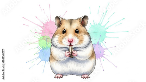 Cute hamster holding seed in front of colorful paint splatters