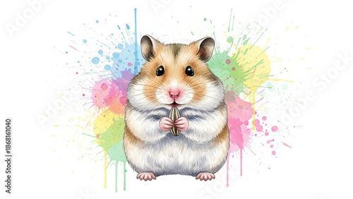 Cute hamster holding seed in front of colorful paint splatters