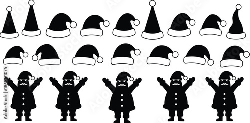 Christmas santa hat collection, festive holiday headwear silhouettes, black and white santa claus icons, winter celebration vector illustration set