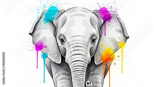 Vibrant elephant illustration with colorful paint splatters