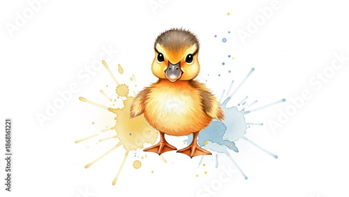 Cute duckling with vibrant paint splashes on white background