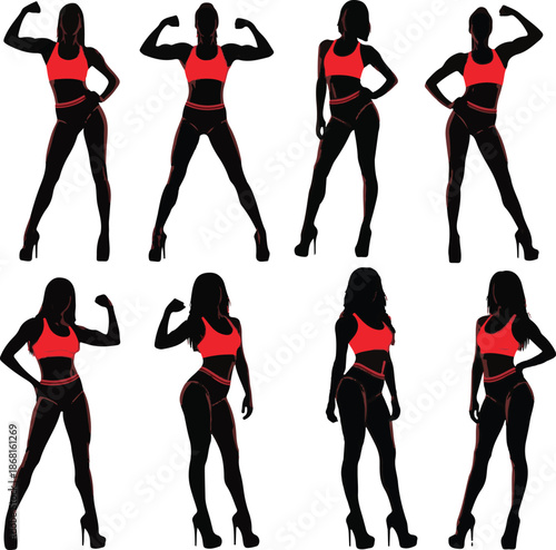 Fitness woman silhouette set in sports bra and heels, muscular female bodybuilder posing, athletic girl gym motivation vector