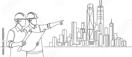 Continuous line drawing of engineers wearing hard hats holding blueprints and pointing at city skyline for urban construction and architectural planning concept vector