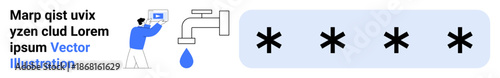 Tap dripping data with individual using a laptop, adjacent to secure password obscured by asterisks. Ideal for security, encryption, data leaks, privacy, technology, cybersecurity, simple landing