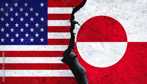 United States and Greenland flags split by jagged crack symbolizing division on dramatic background