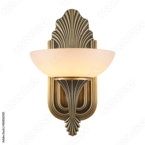 Art Deco Brass Wall Sconce with Frosted Glass Shade, Illuminated, White