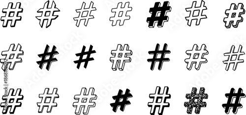 Hashtag Icons Set: Diverse Hand-Drawn Style Collection