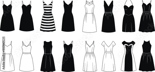 Women dress silhouettes, black and white fashion vector collection, elegant evening summer clothing designs, flat apparel illustration set isolated background