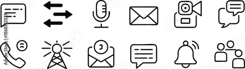 communication icons chat bubbles, translation arrows, microphone, video camera, email thread, phone handset, broadcast tower, message thread, notification bell, group discussion