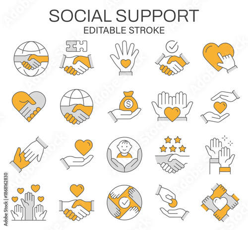 Charity and social support icons, such as help, care, donation, trust, cooperation, and kindness. Editable stroke.