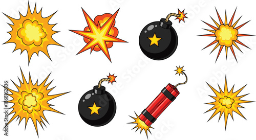 Cartoon Explosion and Bomb Icons Set with Comic Burst Effects Vector Illustration.