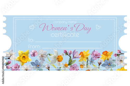 Women's Day Gift Certificate Template with cherry blossoms and daffodils