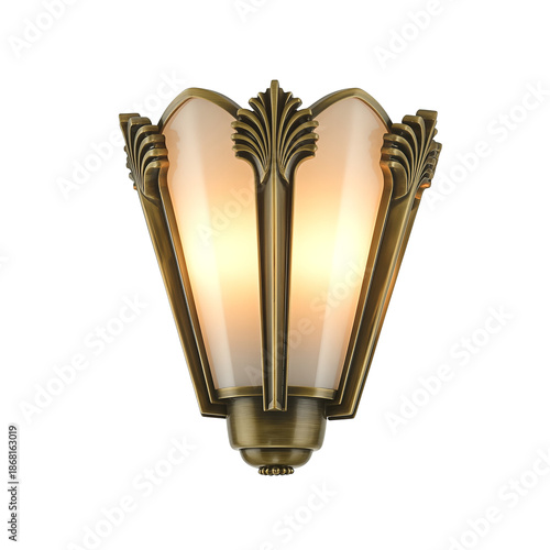 Art Deco Brass Wall Sconce with Frosted Glass Illuminated White