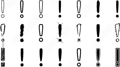 Diverse collection of black exclamation marks in various styles including solid, outlined, grunge, spiky, and hand-drawn, on a white background.
