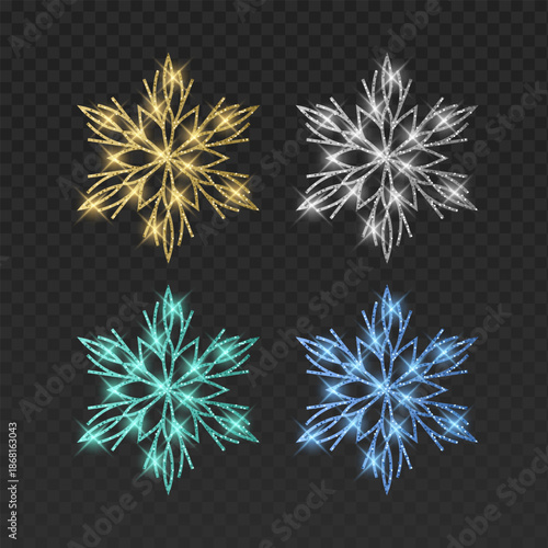 Set of four elegant vector snowflakes in gold, blue, silver, and mint green colors. Each intricate filigree crystal features a shimmering glitter texture, brilliant light flares, and magical glowing
