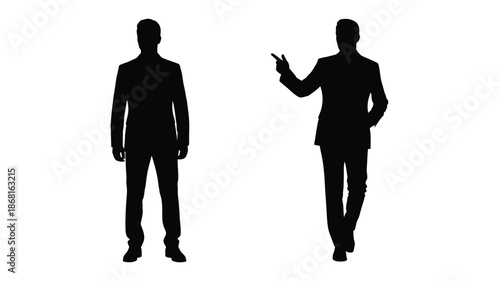 Two men in suits standing and gesturing a striking black silhouette