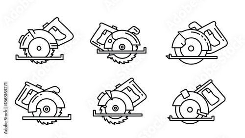 Line art illustrations of circular saws in varying positions silhouette