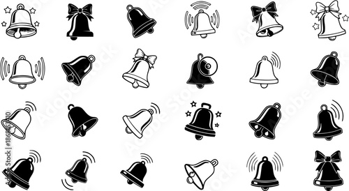 Collection of Bell Icons: Outline and Solid Styles, Ringing and Silent, for Alarm, Notification, and Holiday Designs