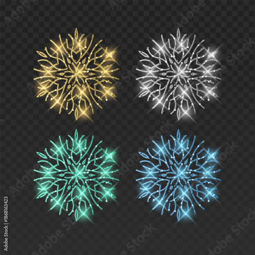 Set of four elegant vector snowflakes in gold, blue, silver, and mint green colors. Each intricate filigree crystal features a shimmering glitter texture, brilliant light flares, and magical glowing